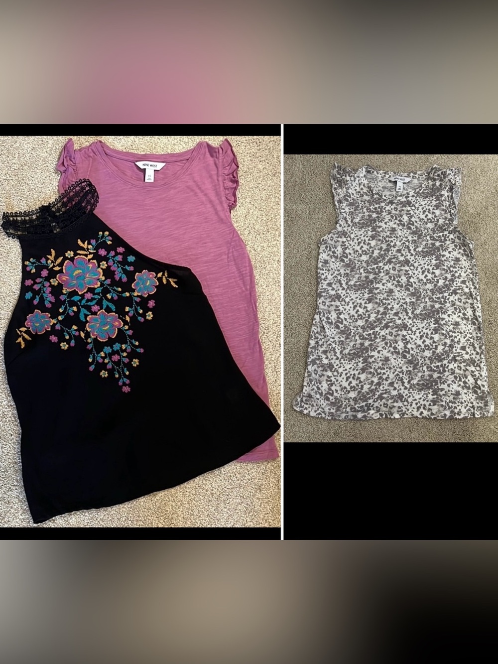 3 Tops Bundle—Black Floral Embroidered Halter & Nine West Ruffle Cap Sleeve Tees